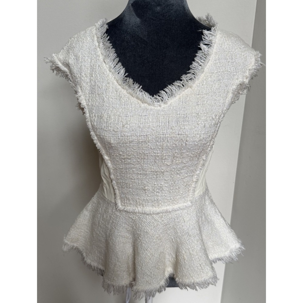 Rebecca Taylor Blouse 4 Tweed Leather‎ Peplum Coquette Old Money Luxury $350 - Picture 15 of 16